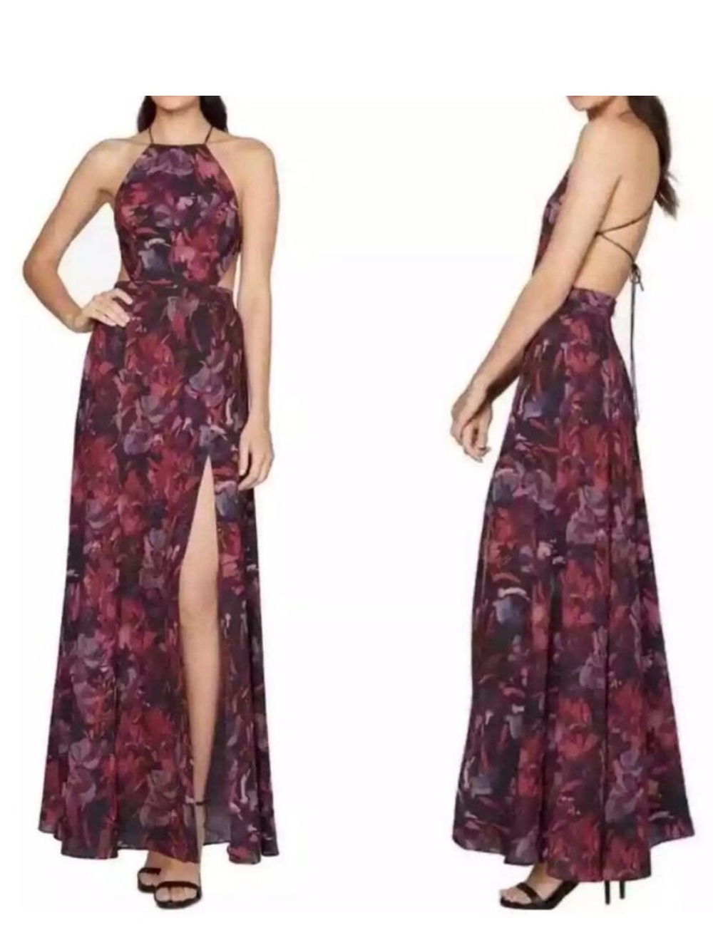 Fame and Partners Burgundy Floral Halter Backless Maxi Dress